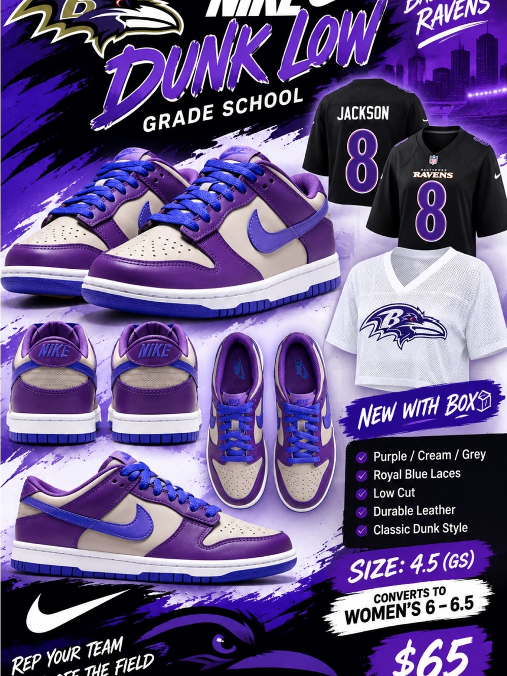 Nike Kids Dunk Low Sneakers - Purple/Royal Blue/Cream